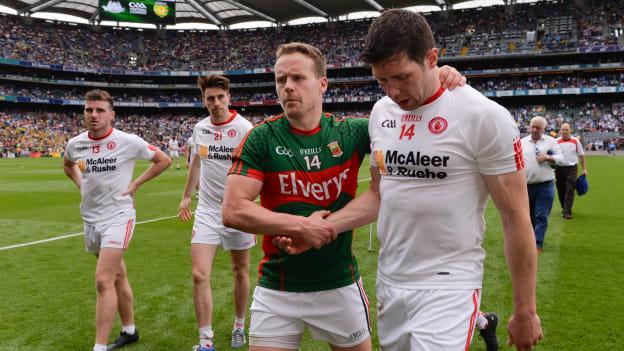 Andy Moran, Mayo, and Sean Cavanagh, Tyrone, shake hands following the 2016 All Ireland SFC Quarter Final at Croke Park last August.