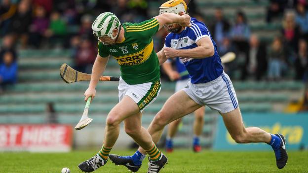 Padraig Boyle, Kerry, and Leigh Bergin, Laois, during the Leinster Senior Hurling Championship Round Robin clash at Austin Stack Park, Tralee.