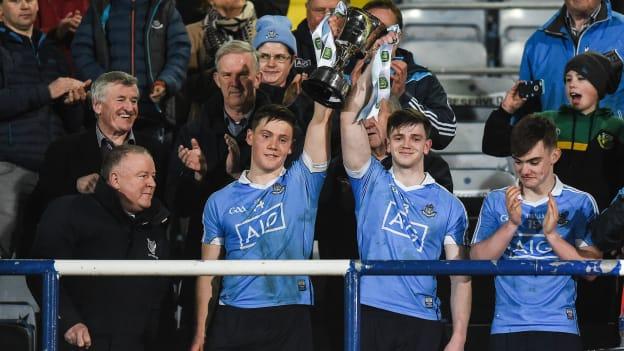 Dublin joint captains Con O Callaghan and Cillian O Shea lift the EirGrid Leinster Under 21 Championship trophy.