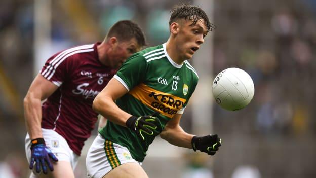 David Clifford of Kerry in action against Gareth Bradshaw of Galway during the GAA Football All-Ireland Senior Championship Quarter-Final Group 1 Phase 1 match between Kerry and Galway at Croke Park, Dublin. 