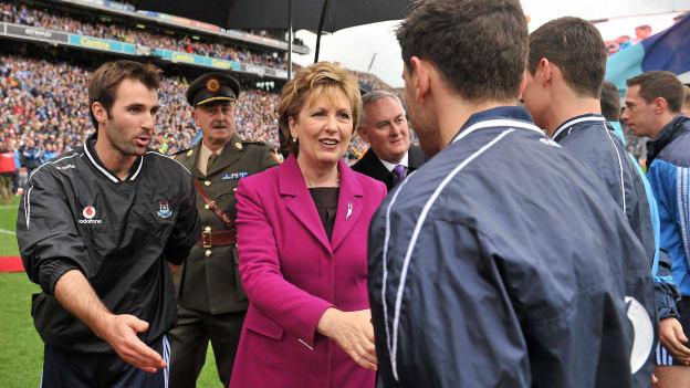 Dublin captain Bryan Cullen introduces President of Ireland, Marcy McAleese, to his team-mates before the 2011 All-Ireland SFC Final. 