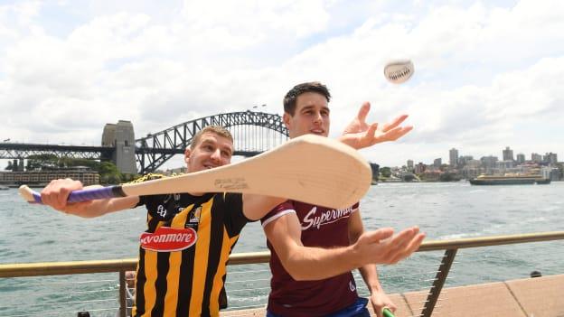 Kilkenny's Eoin Murphy and Galway's Gearoid McInerney pictured together with the Sydney Harbour Bridge in the background ahead of Sunday's Wild Geese Trophy match. 