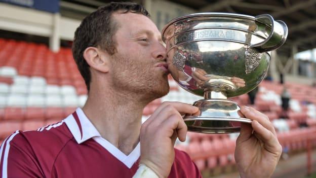 Patsy Bradley kisses the John McLaughlin Cup after Slaughtneil defeated Ballinascreen in the Derry SFC Final.