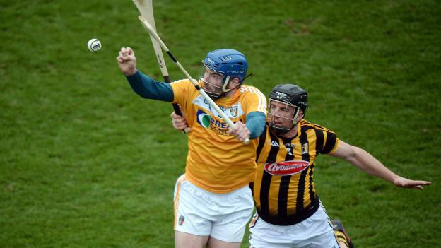 John Dillon, Antrim, and Michael Walsh, Kilkenny, during the Walsh Cup clash at Abbotstown.