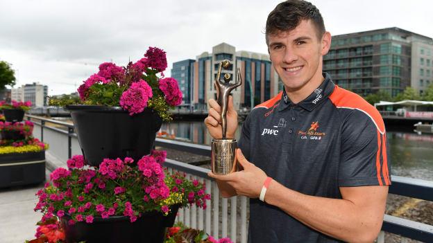 Galway footballer Shane Walsh pictured with his PwC GAA-GPA Footballer of the Month award for June. 