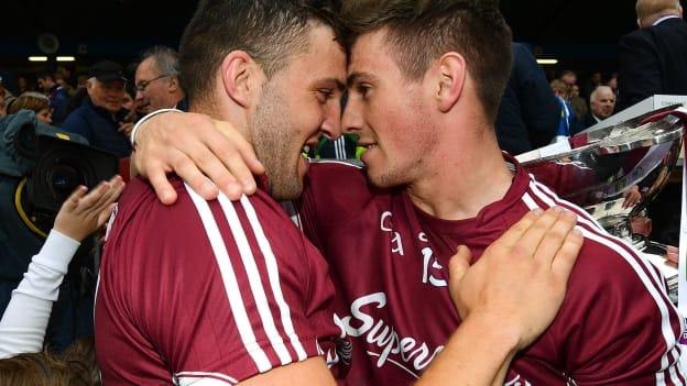 Galway footballers Shane Walsh (r) and Damien Comer celebrate after victory over Roscommon in the Connacht SFC Final. 