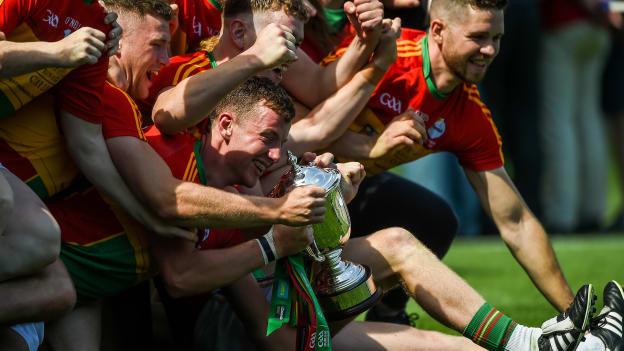 The Carlow hurlers celebrate their Joe McDonagh Cup Final victory over Westmeath. 