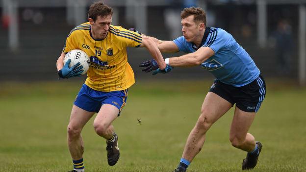Conor Devaney, Roscommon, and Paul Flynn, Dublin, collide during the 2016 Allianz Football League game between the teams at Pairc Sean MacDiarmada, Carrick on Shannon.