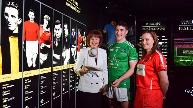 Pictured at the announcement of UNESCO Intangible Cultural Heritage Status for the game of Hurling and Camogie at Croke Park, Dublin, are from left, Josepha Madigan, TD, Minister for Culture, Heritage and the Gaeltacht, Limerick hurler Sean Finn and Cork camogie player Aoife Murray.