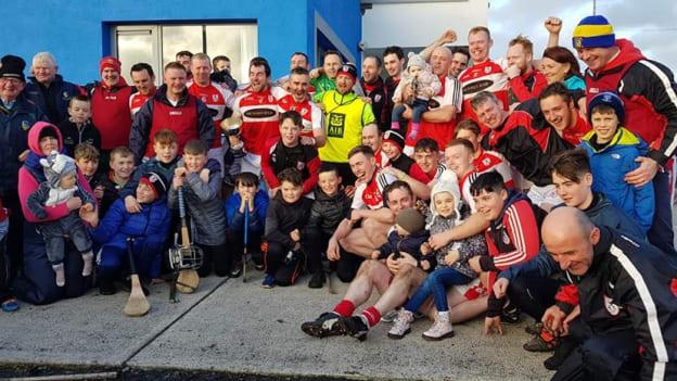 Carrick Hurling club players and supporters celebrate after their 2018 Connacht Junior Hurling Final victory over Ballygar. 