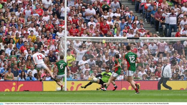 Connor McAliskey's shot is saved by Mayo goalkeeper David Clarke in the 2016 All-Ireland SFC semi-final. 