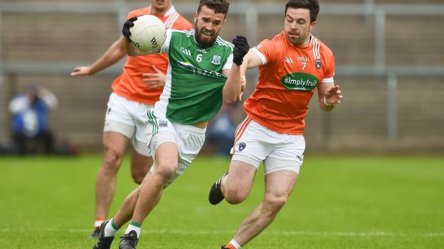 James McMahon, Fermanagh, and Aidan Forker, Armagh, in Ulster Senior Football Championship action at Brewster Park, Enniskillen.