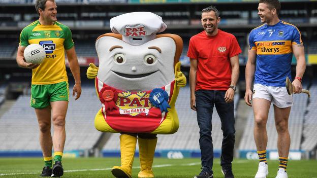 Donegal footballer Michael Murphy, former Dublin footballer Alan Brogan and Tipperary hurler Padraic Maher in Croke Park at the launch of a new partnership with Pat the Baker to promote their new Protein Bread in Association with the GAA/GPA 