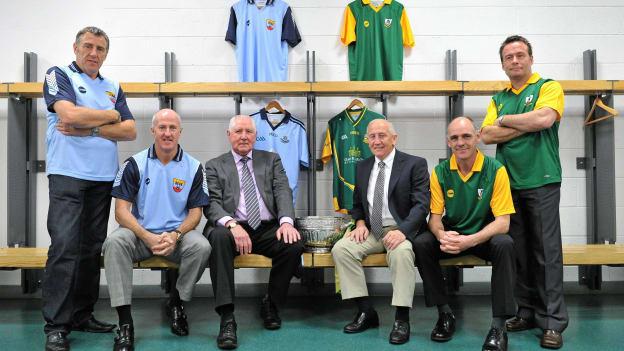 Former Dublin manager Paddy Cullen, third from left, and former Meath manager Sean Boylan, third from right, with the Delaney Cup, alongside, from left, former Dublin footballers Jack Sheedy and Paul Clarke, former Meath footballers David Beggy and Bernard Flynn, at a photocall to celebrate the 21st anniversary of the 1991 Meath v Dublin matches. 