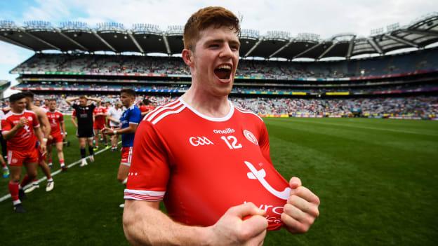 Cathal McShane celebrates following Tyrone's win over Monaghan at Croke Park on Sunday.