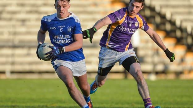 Barry Fortune, Cavan Gaels, and Michael Jones, Derrygonnelly Harps, in action at Clones.