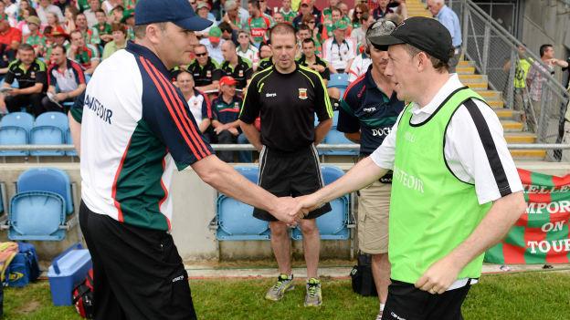 James Horan and Paul Coggins shake hands before the 2013 Connacht SFC Final at Elverys MacHale Park.