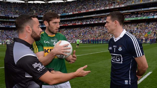 David Gough pictured with Killian Young and Stephen Cluxton before the 2016 All Ireland SFC Semi-Final at Croke Park.