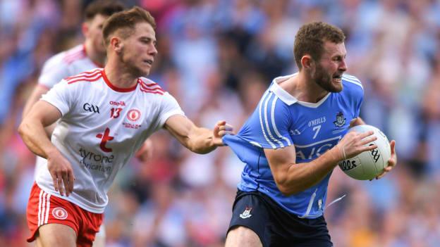 Jack McCaffrey is chased by Tyrone's Mark Bradley in the All-Ireland SFC Final. 
