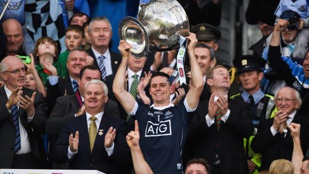 Dublin captain Stephen Cluxton lifts the Sam Maguire Cup following the 2016 All Ireland SFC Final replay win over Mayo.