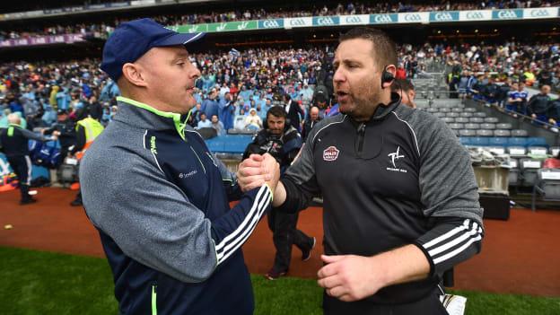 Monaghan manager Malachy O'Rourke, left, shakes hands with Kildare manager Cian O'Neill after the GAA Football All-Ireland Senior Championship Quarter-Final Group 1 Phase 1 match between Kildare and Monaghan at Croke Park.