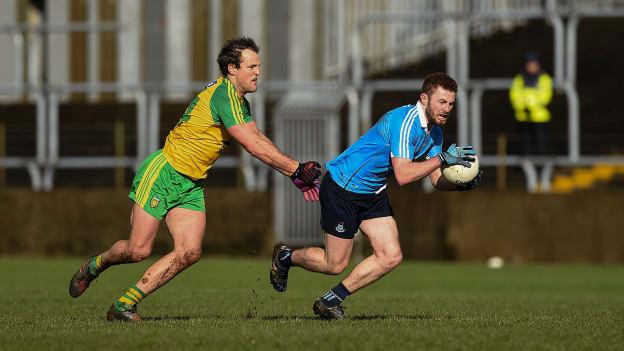 Michael Murphy, Donegal, and Jack McCaffrey, Dublin, during the game at Ballybofey.