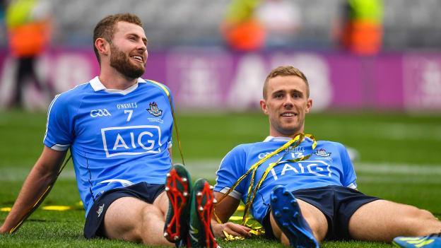 Dublin's Jack McCaffrey and Paul Mannion pictured on the Croke Park pitch after their All-Ireland SFC Final victory over Tyrone. 