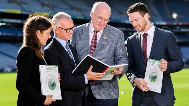 Elish Kelly, Senior Research Officer, ESRI, Alan Barrett, Director of the ESRI, Uachtarán Chumann Lúthchleas Gael John Horan, and Seamus Hickey, CEO of the GPA, pictured at the launch of the ESRI Report into playing senior inter- county Gaelic Games.