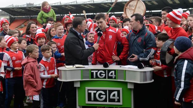 Sean Moran, Cuala, being interviewed by TG4 following the game at the Athletic Grounds.