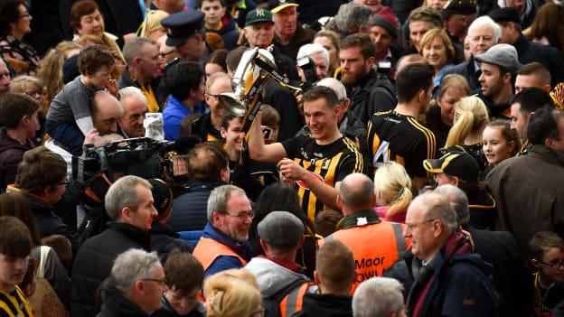 Kilkenny captain Cillian Buckley with the Allianz Hurling League trophy at Nowlan Park.