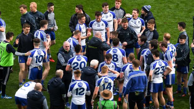 Monaghan players and management celebrate a fine win at Croke Park.
