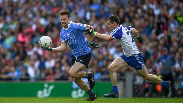 Monaghan's Karl O'Connell chases down Dublin's Jack McCaffrey in the 2017 All-Ireland SFC Quarter-Final. 