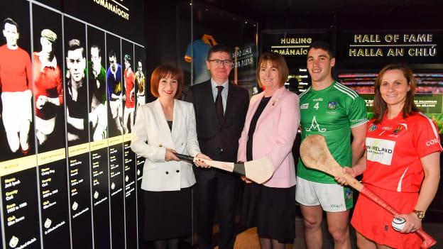 Josepha Madigan, TD, Minister for Culture, Heritage and the Gaeltacht, Ard Stiúrthóir of the GAA Tom Ryan, President of the Camogie Association Kathleen Woods, Limerick hurler Sean Finn and Cork camogie player Aoife Murray at the announcement of UNESCO Intangible Cultural Heritage Status for the game of Hurling and Camogie 