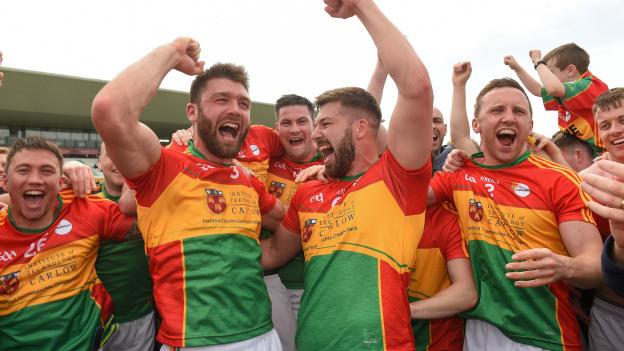 Carlow players celebrating a dramatic win over Kildare.