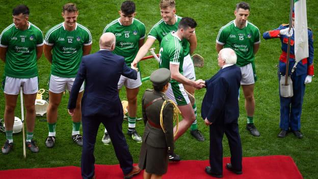 Limerick captain Declan Hannon shakes hands with President Michael D Higgins before the All Ireland SHC Semi-Final against Cork at Croke Park.