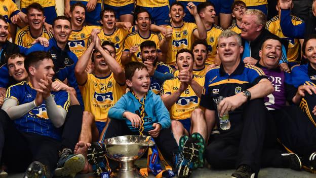 Roscommon players and manager Kevin McStay celebrating following a famous win in Salthill.