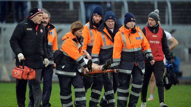 Connor McAliskey is stretchered off the pitch after rupturing his cruciate in a 2017 McKenna Cup clash with Cavan.