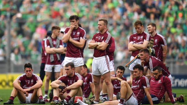 Dejected Galway players pictured after their All-Ireland SHC Final defeat to Limerick. 