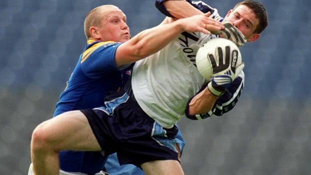 Stephen Cluxton wins the ball ahead of Longford's Damien Sherdian on his Chamionship debut for Dublin in 2001.
