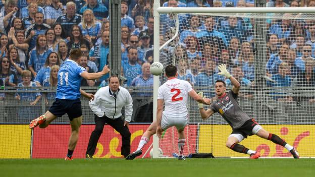 Con O'Callaghan scores Dublin's first goal against Tyrone in the 2017 All-Ireland SFC Final. 