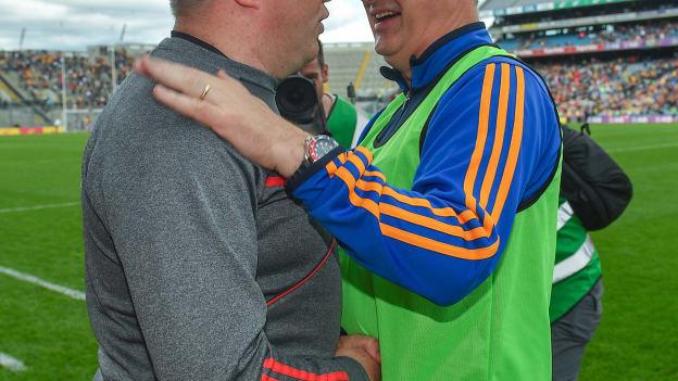 Stephen Rochford and Kevin McStay following the All Ireland SFC Quarter-Final replay at Croke Park.