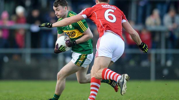 Tom O Sullivan, Kerry, tries to break clear from Conor Dorman, Cork, in Mallow.