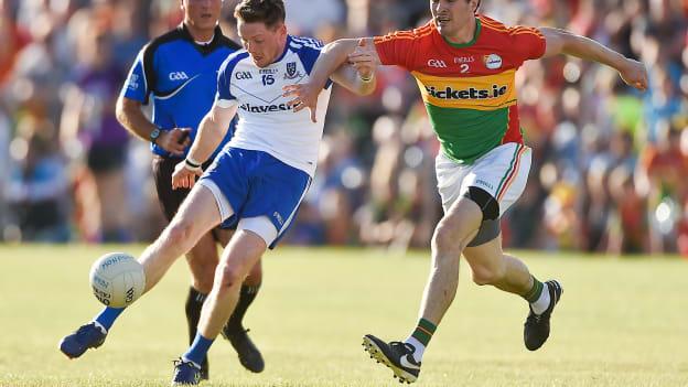 Conor McManus, Monaghan, and Conor Lawlor, Carlow, during the clash at Netwatch Cullen Park. 