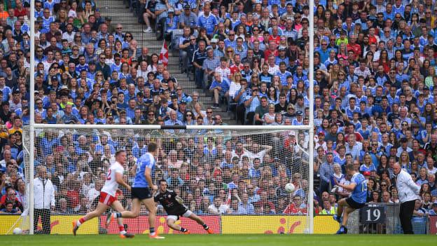 Paul Mannion drills Dublin's first-half penalty past Tyrone goalkeeper Niall Morgan. 