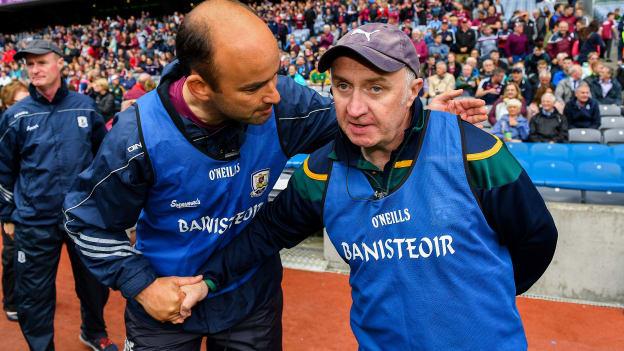 Galway manager Donal O'Fatharta shakes hands with Meath boss Joe Treanor after the Electric Ireland Minor Championship Semi-Final at Croke Park.