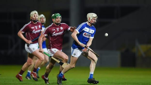 Cian Taylor, Laois, and Greg Lally, Galway, in action at Portlaoise.