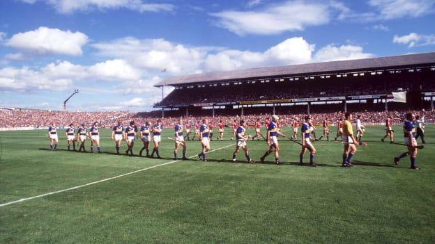 The Galway and Tipperary teams parade before the 1988 All-Ireland Hurling Final.