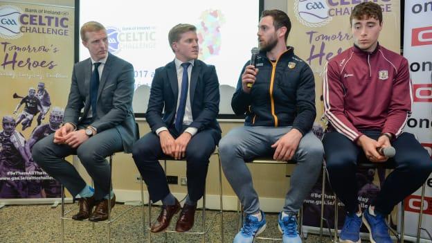 Neil McManus speaking at the launch of the Bank of Ireland Celtic Challenge. Henry Shefflin, Podge Collins, and Conor Cooney were also in attendance.