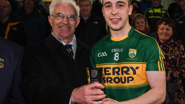 Andrew Barry pictured with John O Connor, EirGrid, after the Munster Under 21 Football Final.
