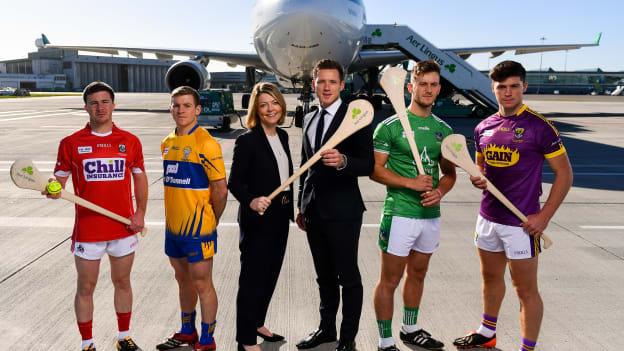 Ruth Ranson, Director of Communications Aer Lingus and Paul Flynn, GPA CEO, along with hurlers Daniel Kearney, Cork, Podge Collins, Clare, Tom Morrissey, Limerick, and Conor McDonald, Wexford,  at Dublin Airport where Aer Lingus, in partnership with the GAA and GPA, unveiled the one-of-a-kind customised playing kit for the Fenway Hurling Classic which takes place at Fenway Park in Boston on November 18.
